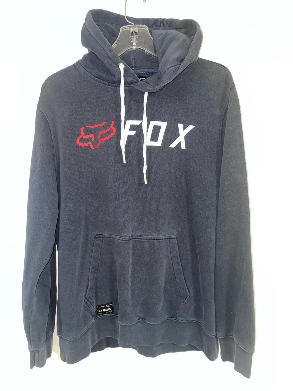 Fox Men's Navy Hoodie with Red and White Logo
